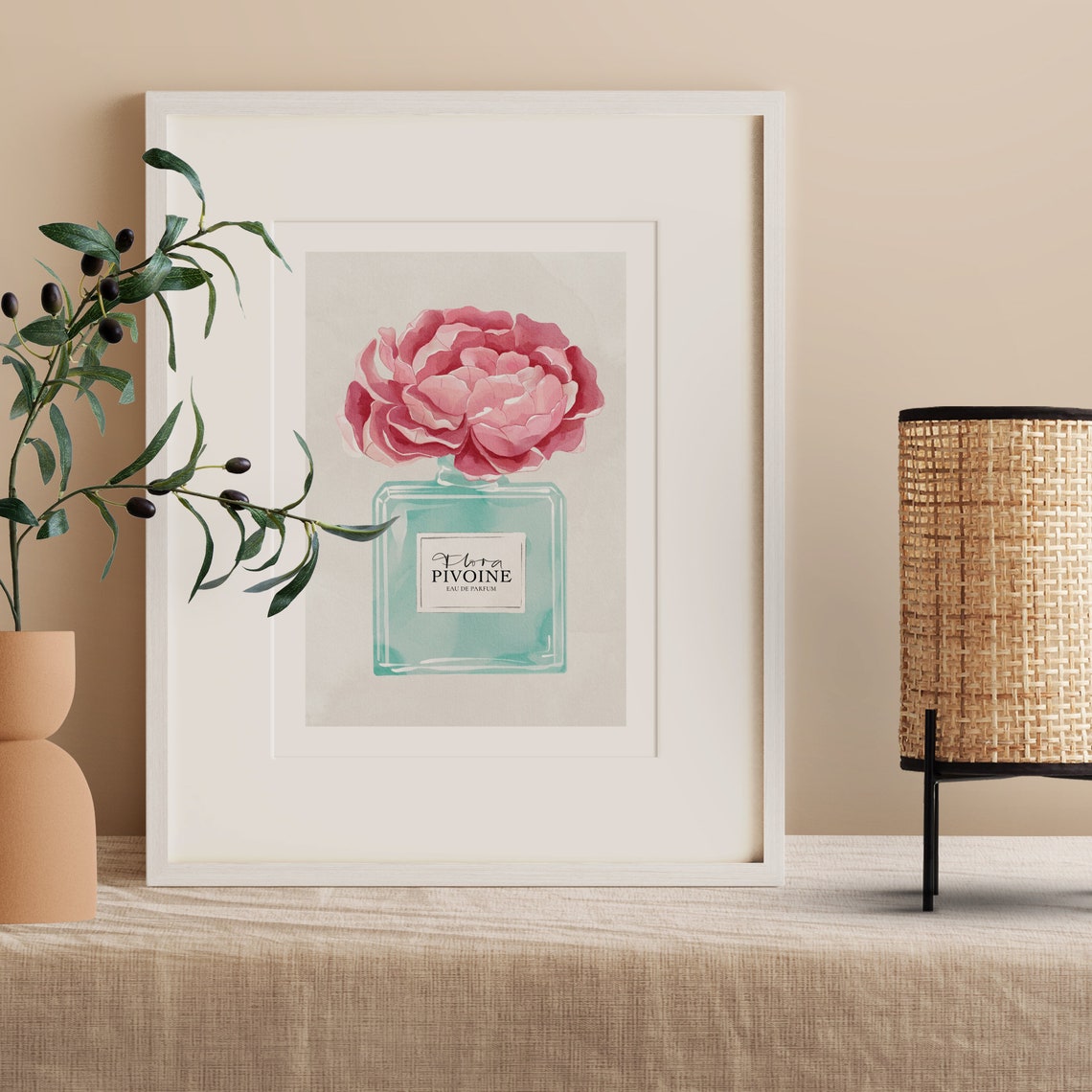 Flora Pivoine Peony Perfume Bottle Mint Watercolor Art Poster - Image 2
