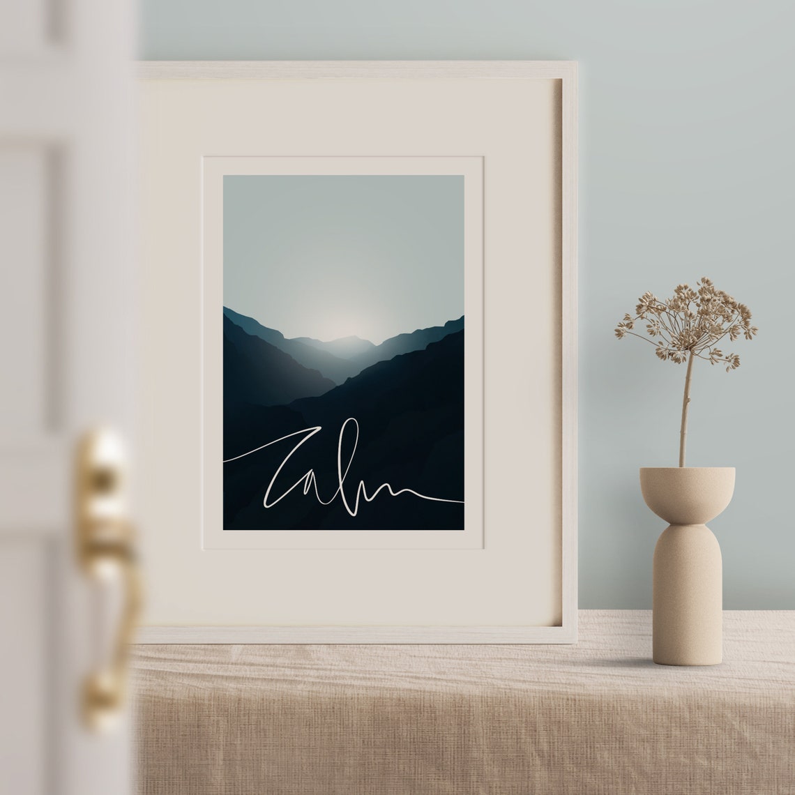 Calm White Script Moonlit Blue Mountain Valley Landscape Poster - Image 2