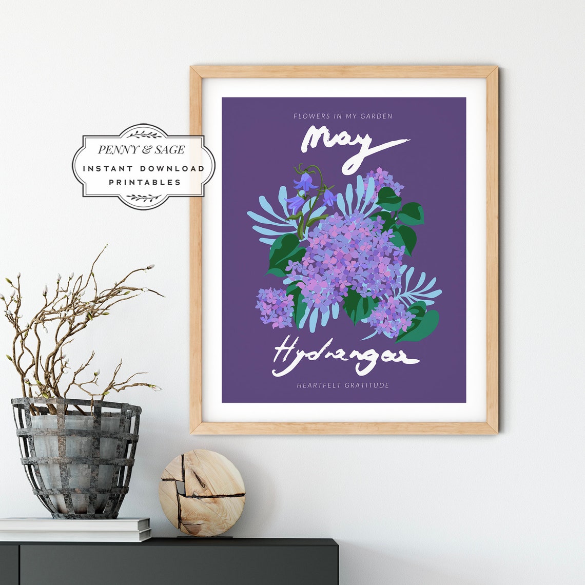 May Hydrangea Birth Flower Colorful Botanical Flower Market Poster Art