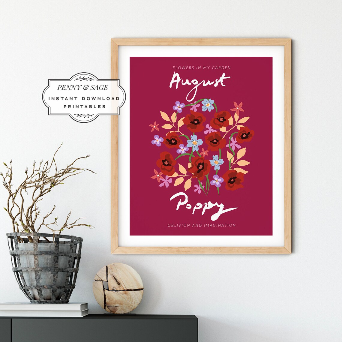 August Poppy Birth Flower Colorful Botanical Flower Market Poster Art