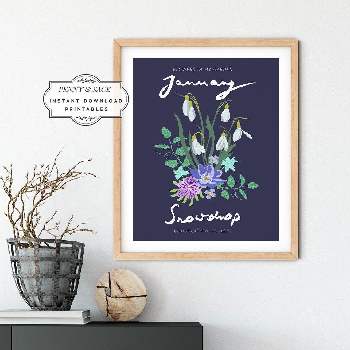 January Snowdrop Birth Month Flower Navy Botanical Art Poster