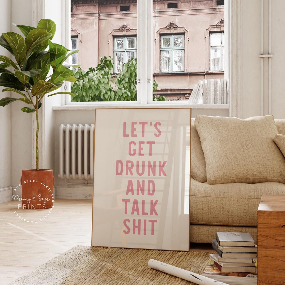 Let's Get Drunk And Talk Shit Pink Lettering Bar Cart Quote Poster - Image 2
