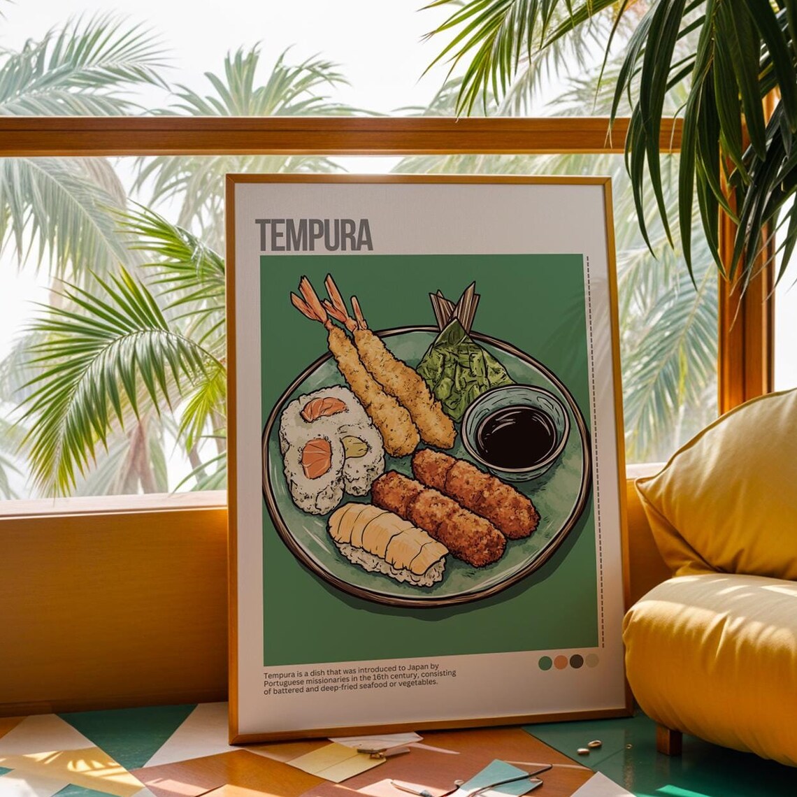 Tempura Shrimp Sushi Plate Japanese Cuisine Illustrated Poster