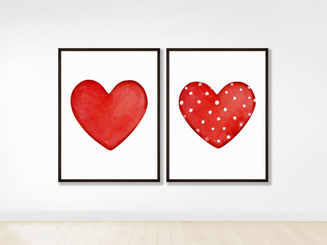 Red Hearts Retro Watercolor Love Heart Art Print Set