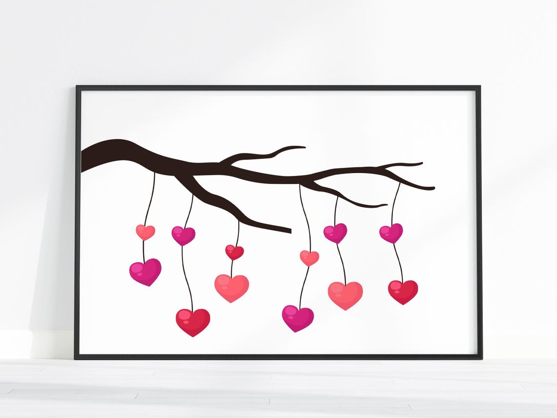 Hanging Hearts Tree Branch Pink Red Watercolor Romantic Love Poster