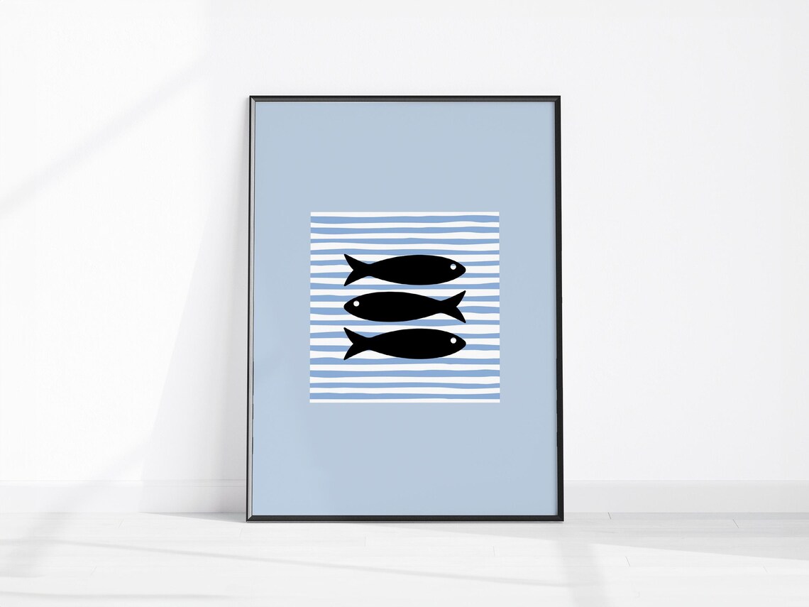 Sardine Print Kitchen Wall Art Fish Retro Decor Blue Stripe Seafood Minimalist Poster