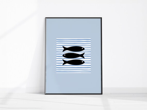 Sardine Print Kitchen Wall Art Fish Retro Decor Blue Stripe Seafood Minimalist Poster