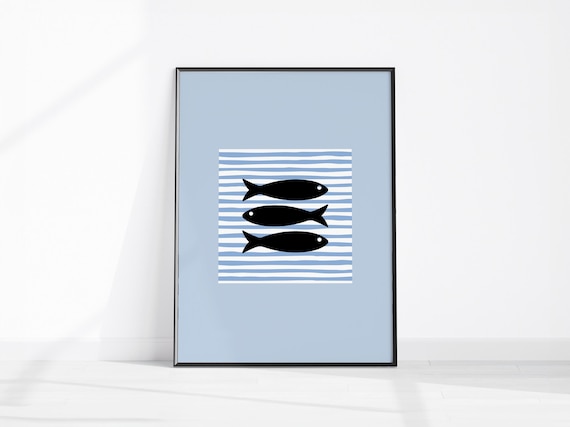 Three Sardine Fish Retro Blue Striped Minimalist Kitchen Poster