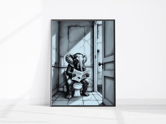 Vintage Elephant On Toilet With Newspaper Funny Bathroom Art Animal Sitting Fun Kids Decor Quirky