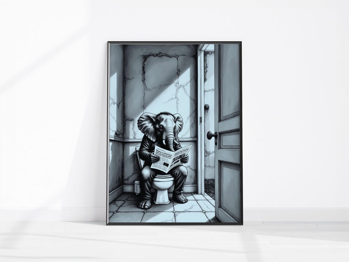 Funny Elephant On Toilet Reading Newspaper Bathroom Art Poster