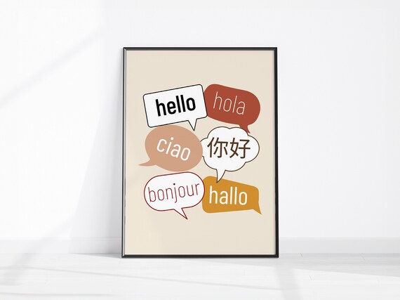 Hello in Six Languages Speech Bubbles Multilingual Greeting Art Poster