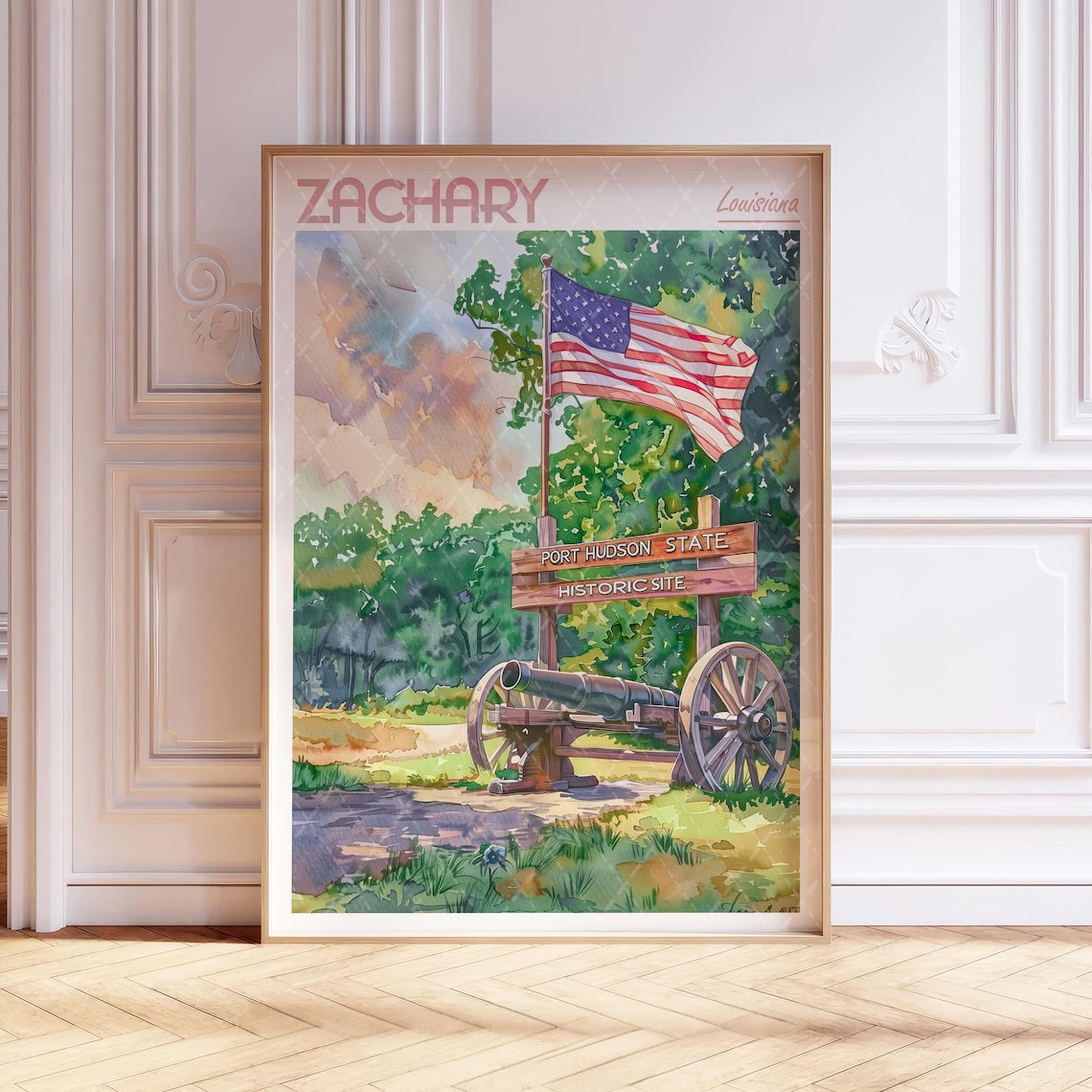 Zachary Louisiana Port Hudson Cannon Watercolor Travel Poster