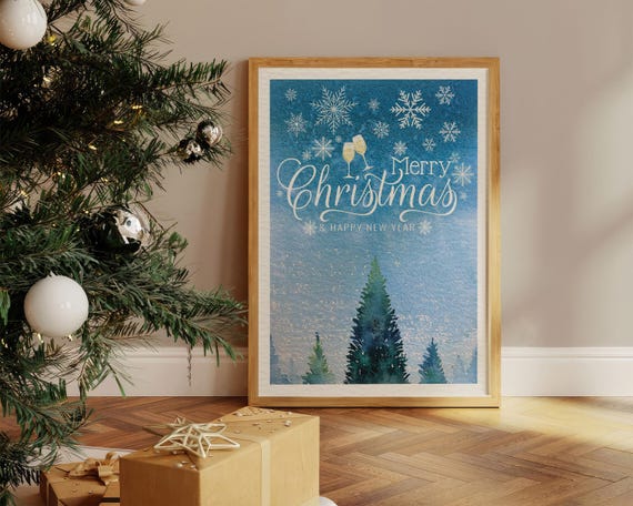 Merry Christmas Print Xmas Illustration Blue Watercolor Painting Home Decor Holiday Gift For