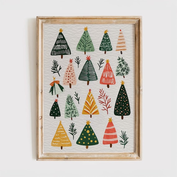 Cute Christmas Trees Watercolor Pattern Illustration Holiday Poster Decor