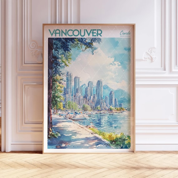 Vancouver Canada Marina Harbor Skyline Watercolor Travel Poster