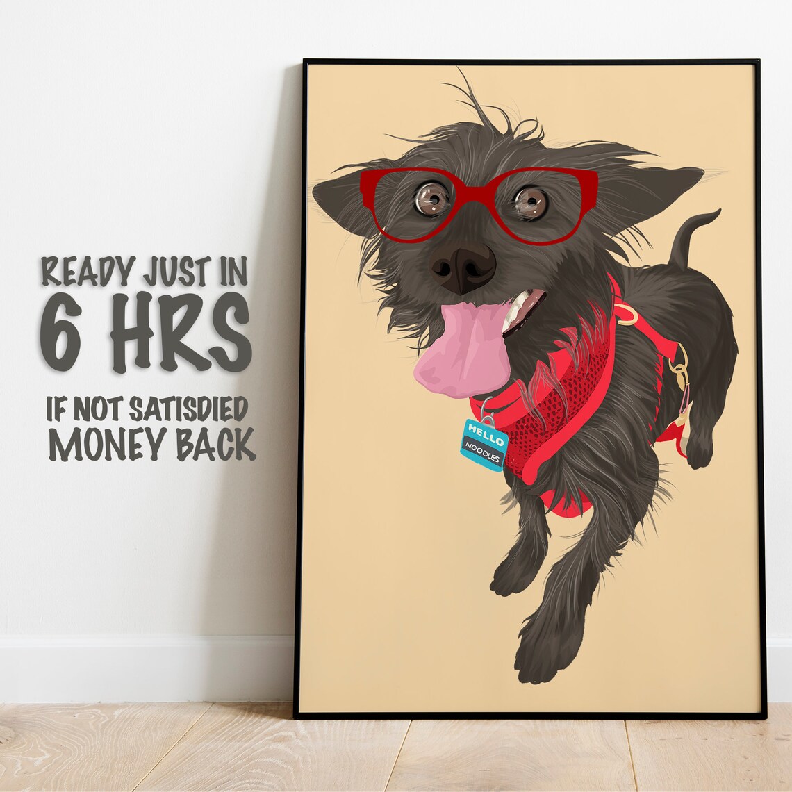 Custom Dog Portrait with Red Glasses Scruffy Pup Illustration Poster