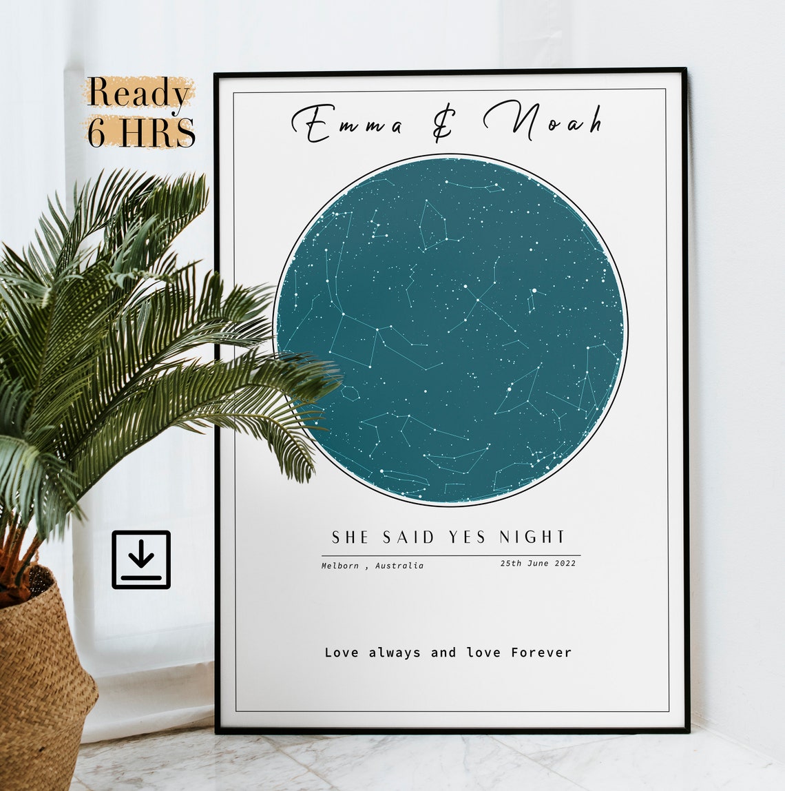 Custom Teal Night Sky Engagement Star Map Date Keepsake Print