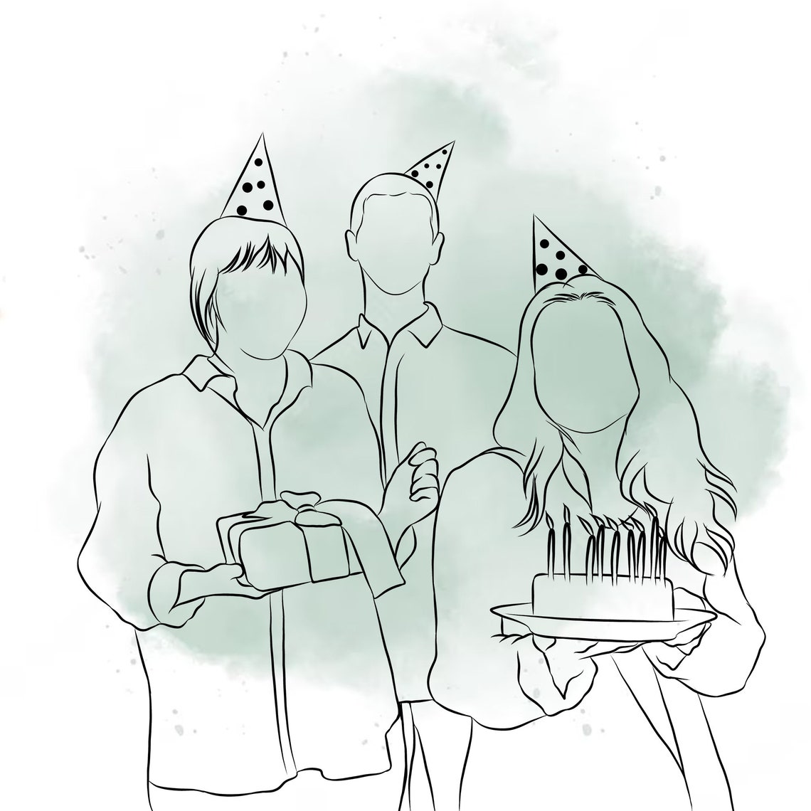 Three Friends Birthday Party Line Drawing with Cake and Gift Poster - Image 3