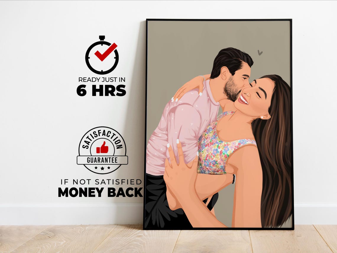 Custom Cheek Kiss Couple Portrait With Colorful Floral Top Poster