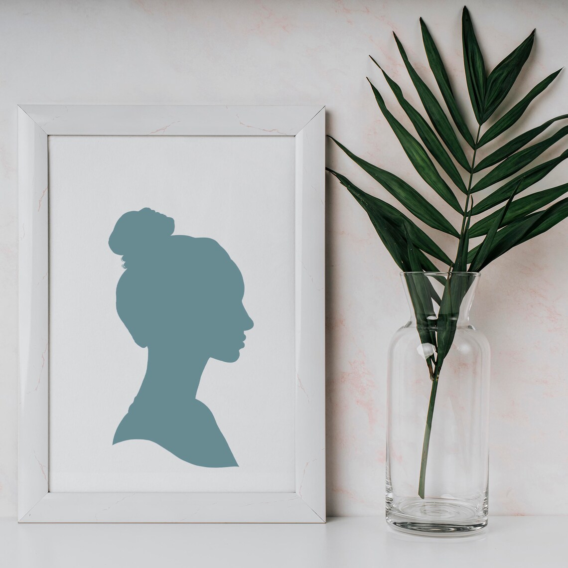 Teal Silhouette Profile Portrait Woman with Bun Minimalist Poster