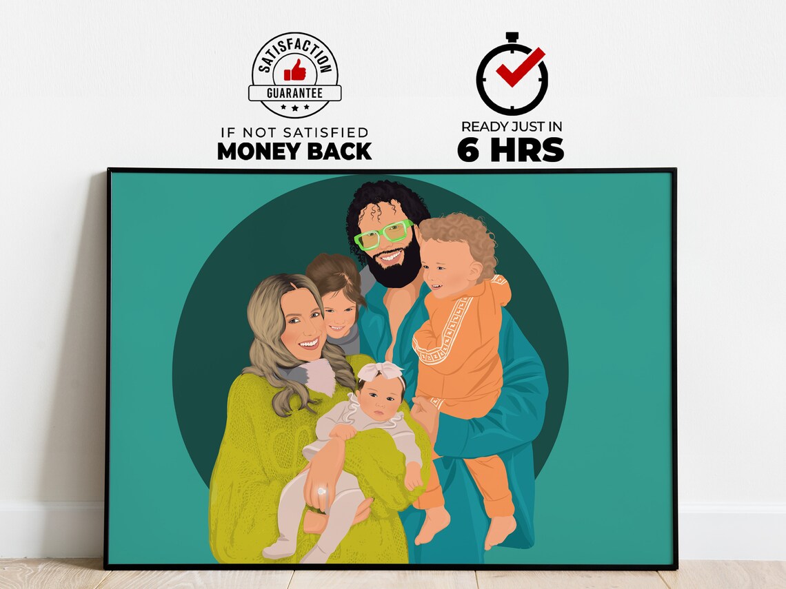 Custom Family of Four Portrait Illustration Teal Circle Poster