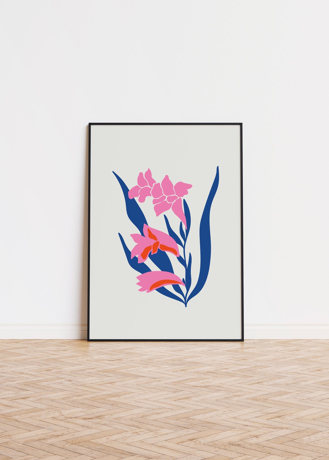 Pink Iris Blossoms Blue Leaves Abstract Minimalist Art Poster