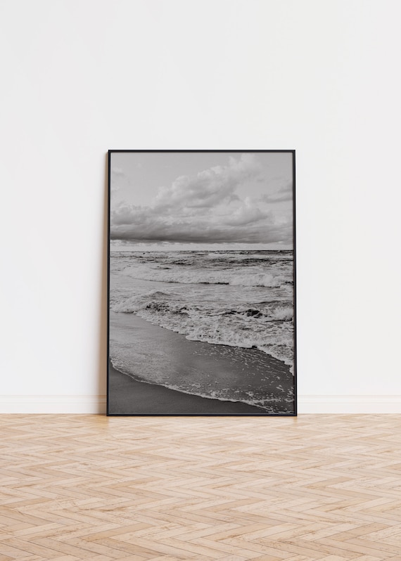 Black and White Ocean Waves Beach Shore Moody Photography Poster