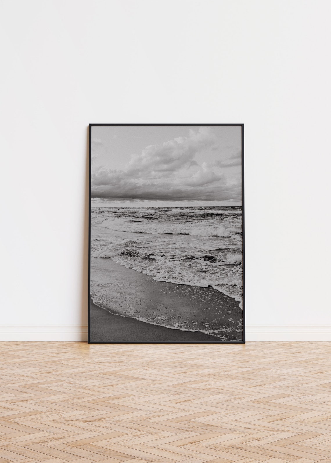 Black and White Ocean Waves Beach Shore Moody Photography Poster