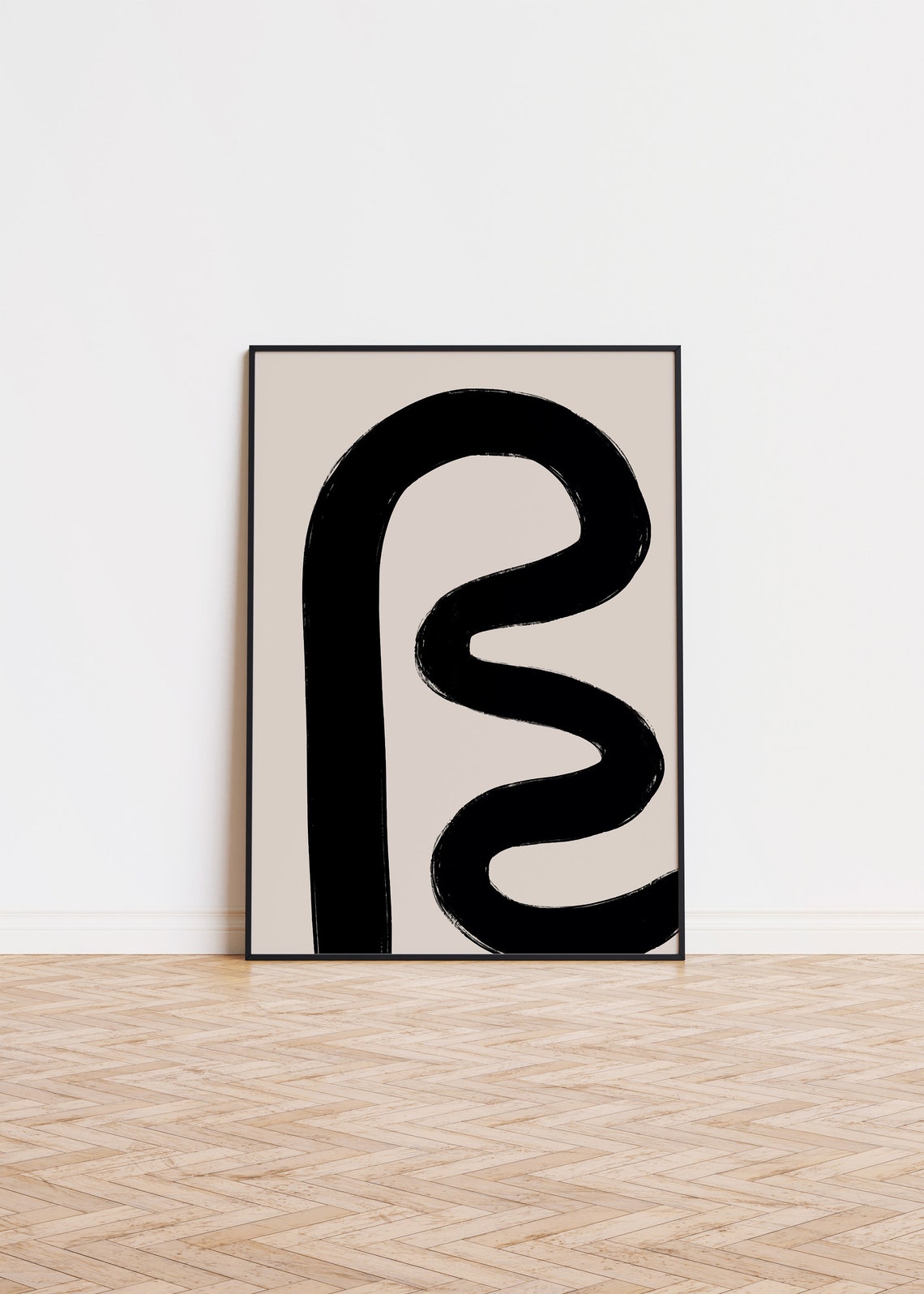 Bold Black Brushstroke Squiggle Minimalist Beige Abstract Wall Art