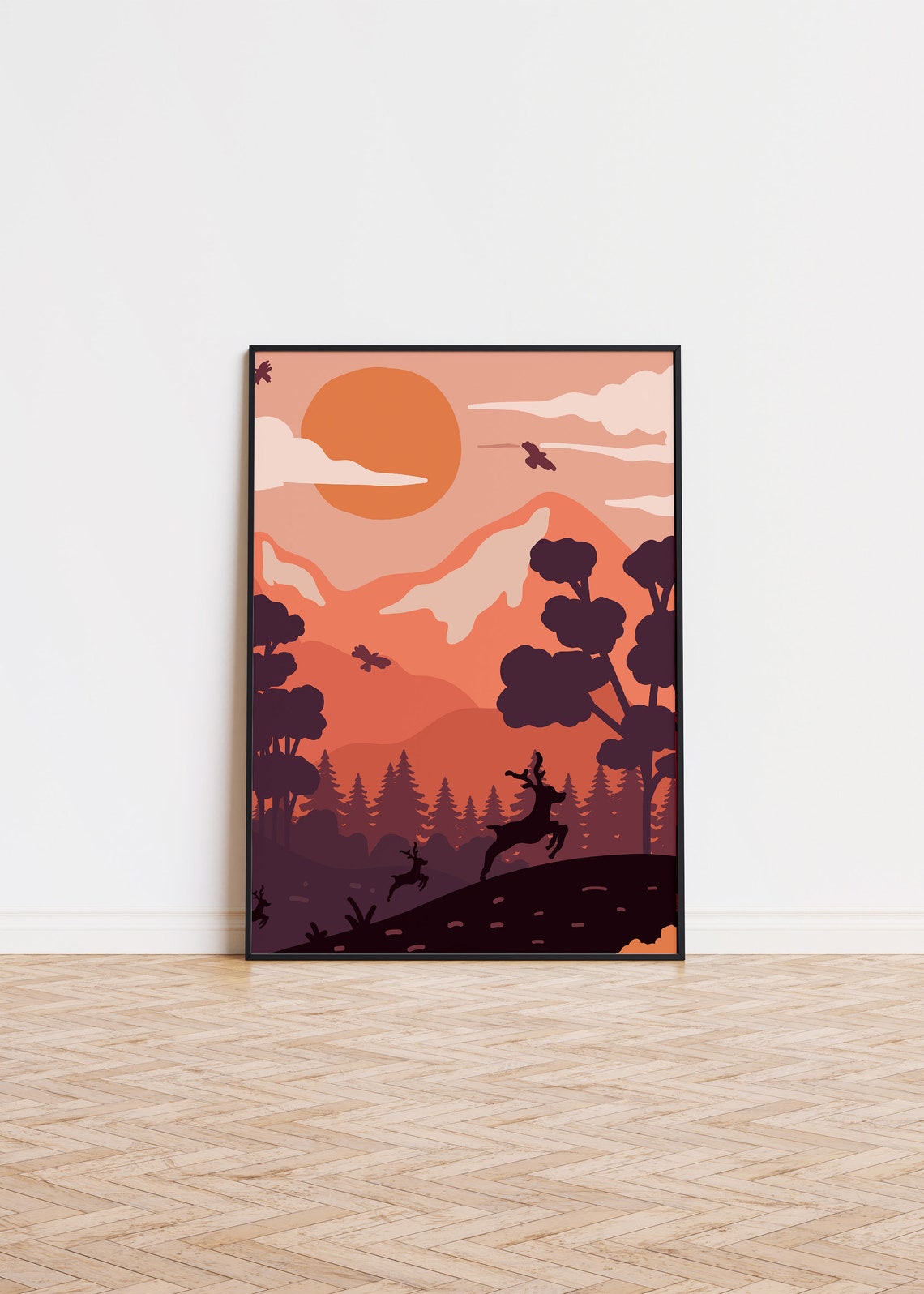 Burnt Orange Sunset Deer Silhouette Mountain Forest Art Poster