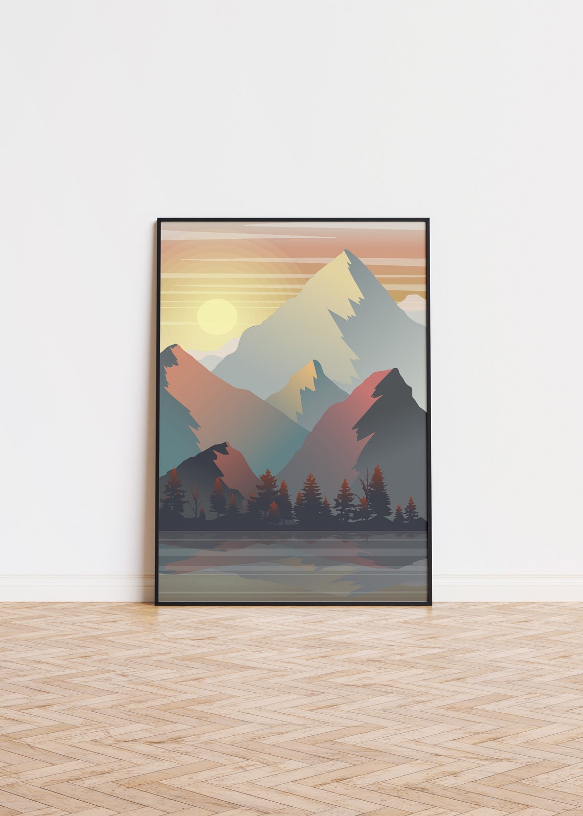 Retro Mountain Sunset Lake Reflection Pines Geometric Art Poster