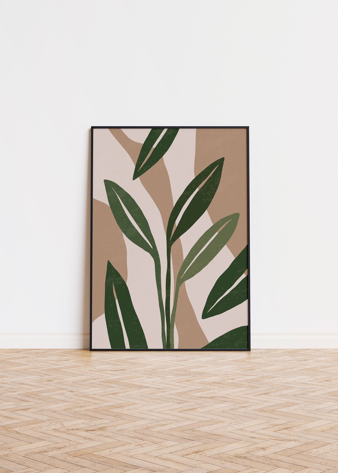 Botanico No1 Abstract Green Leaves Beige Minimalist Art Print