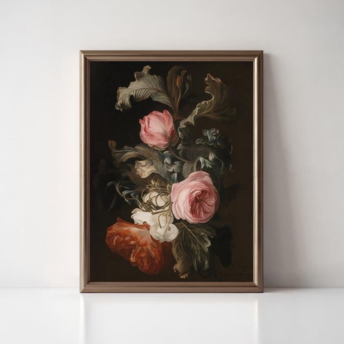 Pink Roses Dark Botanical Dutch Master Style Moody Flower Poster
