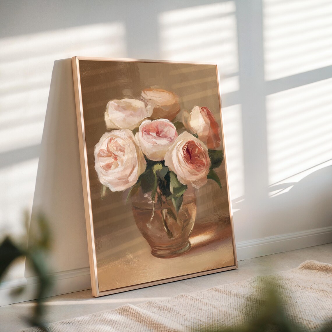Blush Pink Garden Roses in Glass Vase Soft Warm Oil Painting Poster - Image 2