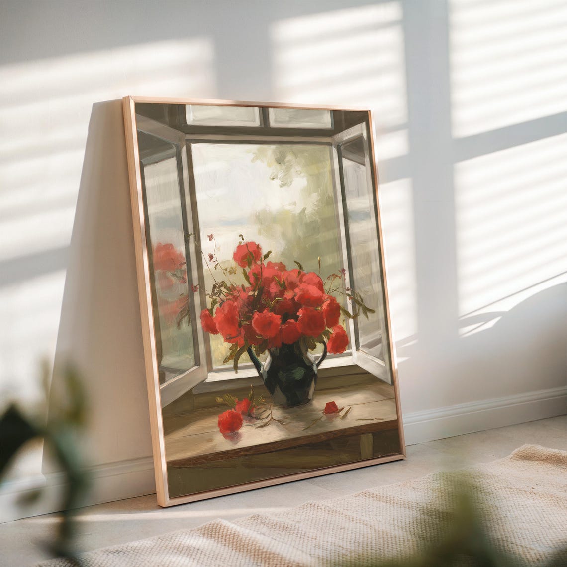 Open Window Red Flowers Vase Impressionist Sunny Still Life Poster - Image 2