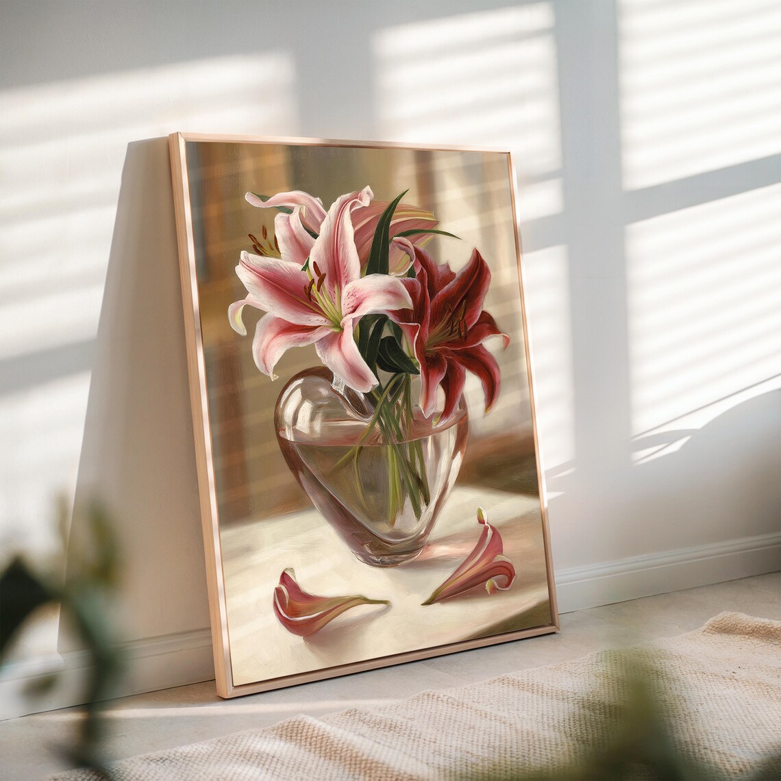 Pink Lilies in Heart Shaped Glass Vase Romantic Oil Painting Poster - Image 2