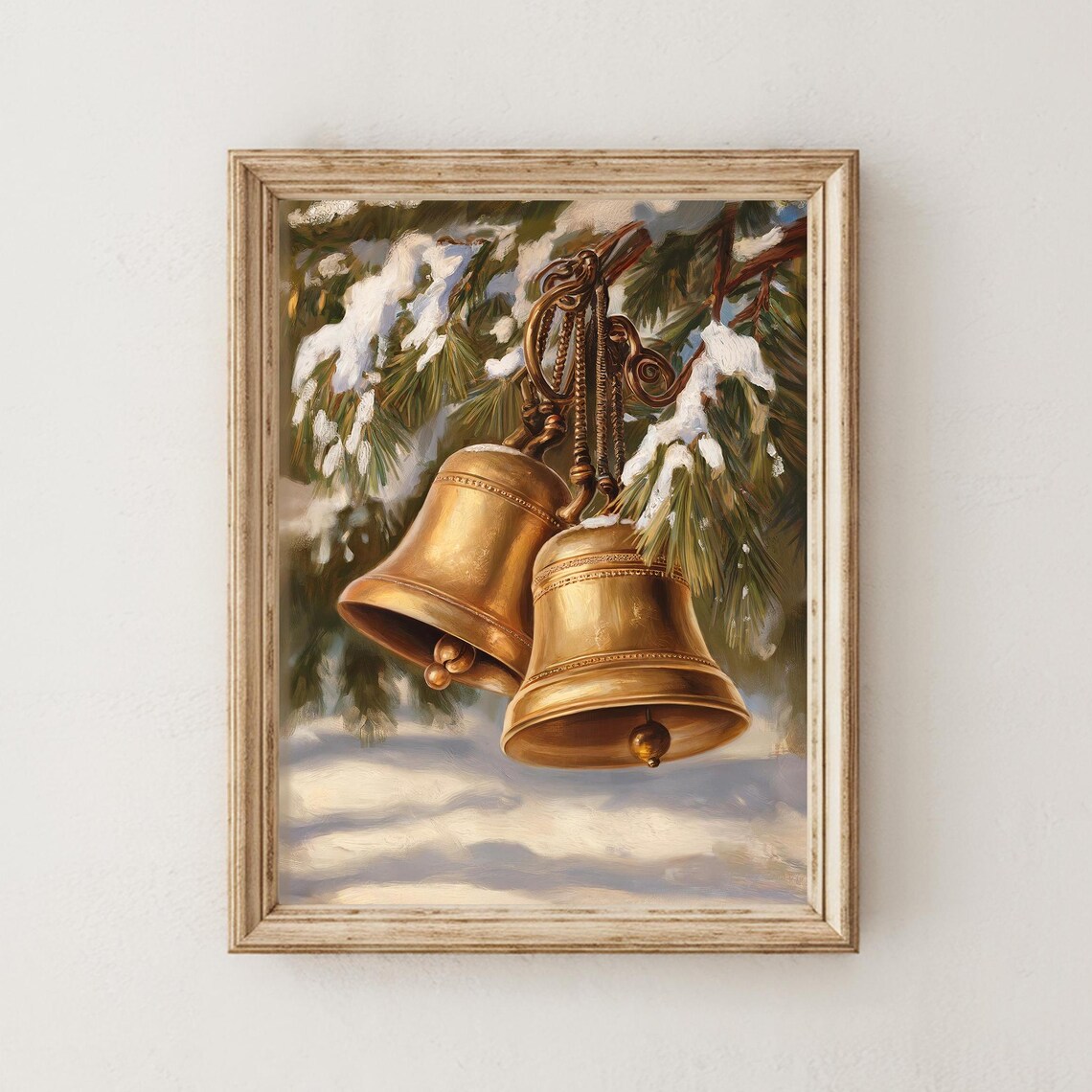 Vintage Brass Sleigh Bells Snowy Pine Branch Painting Poster - Image 4