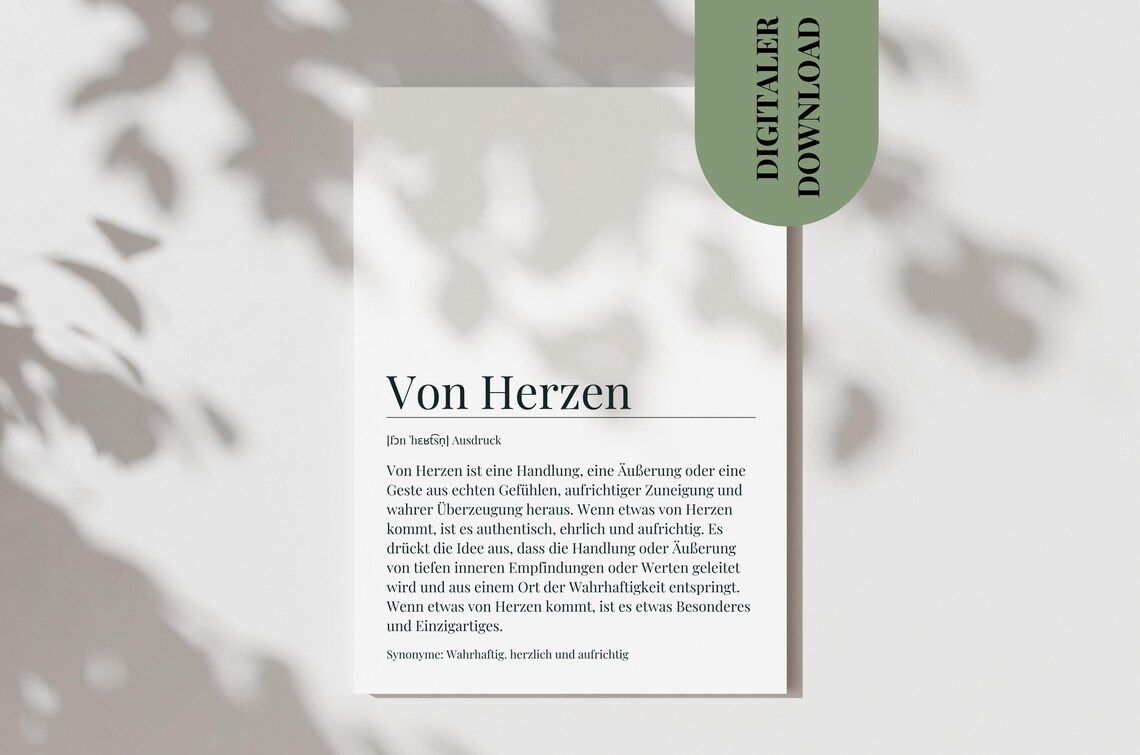 Von Herzen Definition German Dictionary From the Heart Quote Poster
