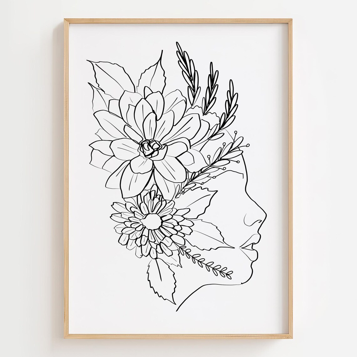 Woman Profile Floral Hair Black Line Art Feminine Decor Poster