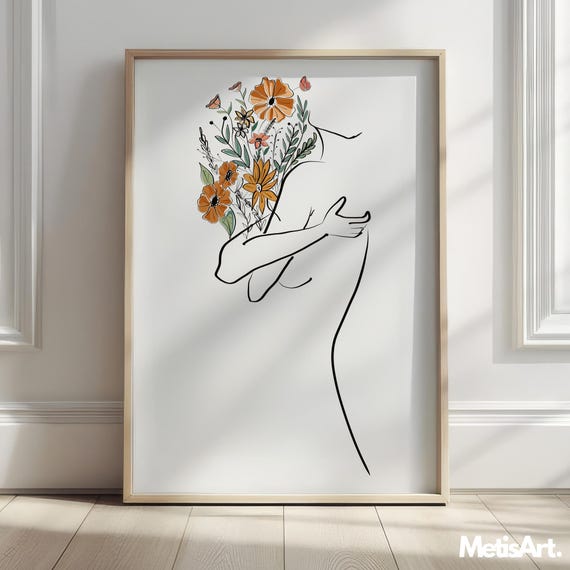 Woman With Flowers Line Art Print Abstract Female Figure