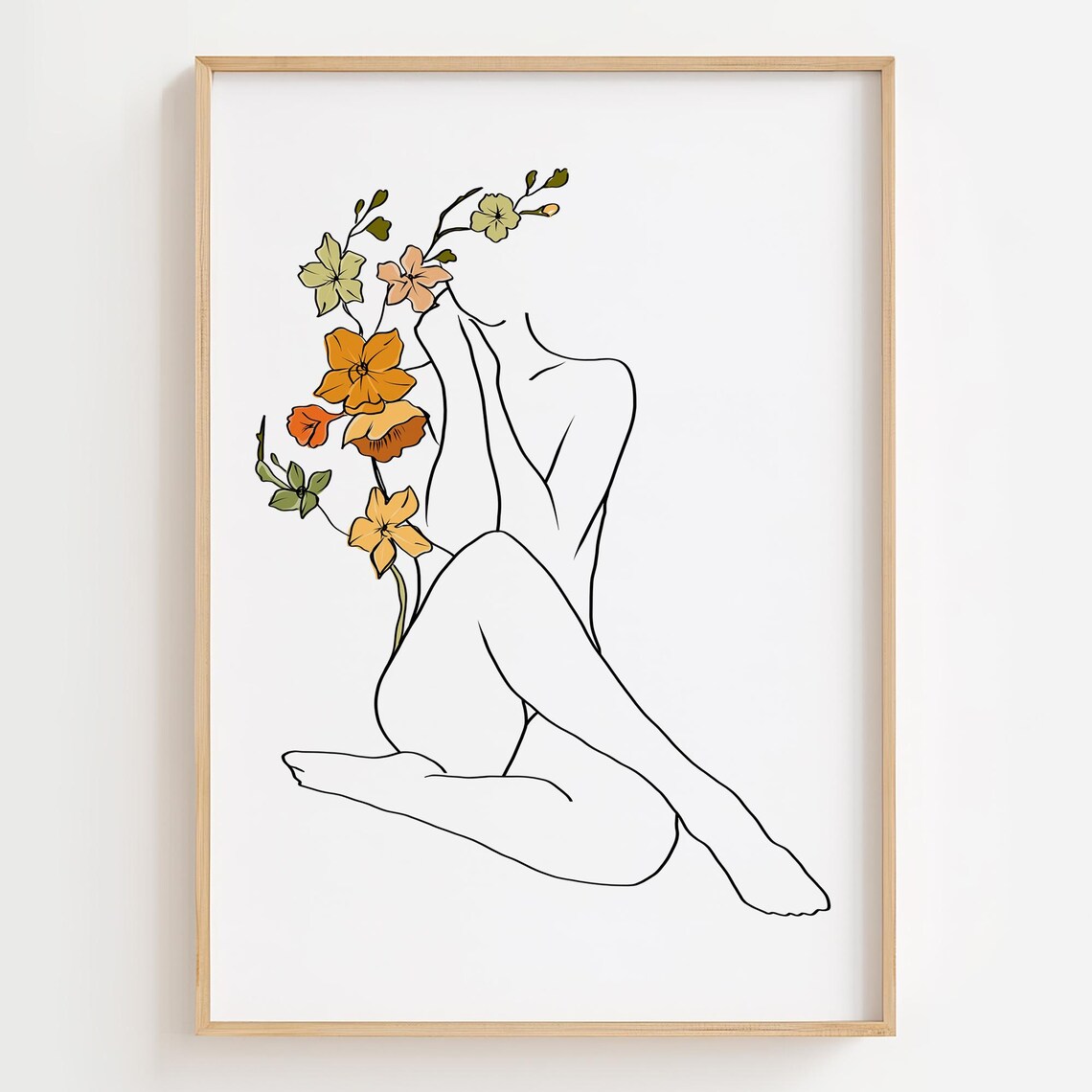 Naked Flower Woman Line Art, Minimalist Figure Print