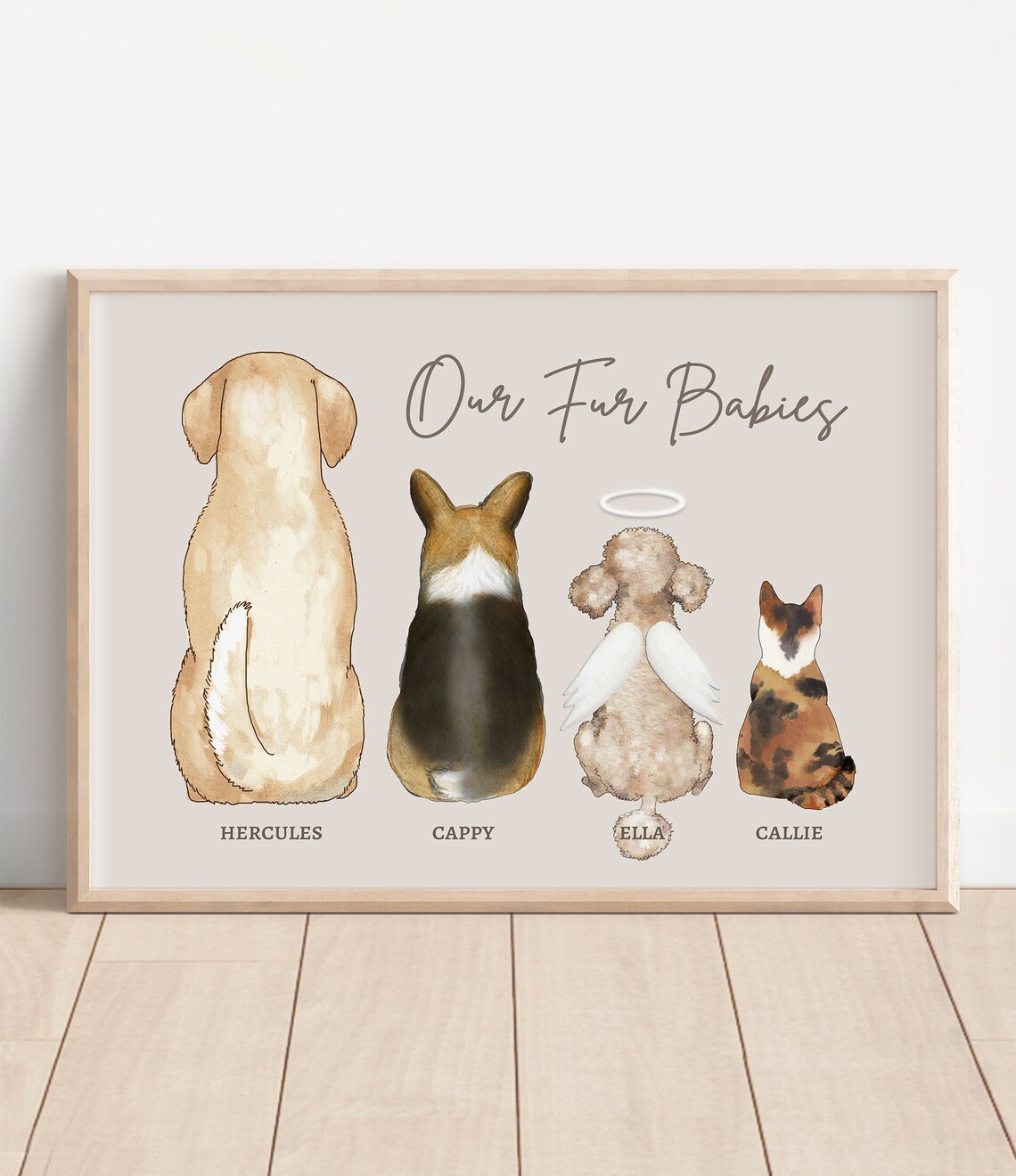 Our Fur Babies Four Pets Watercolor Portrait with Angel Dog Poster