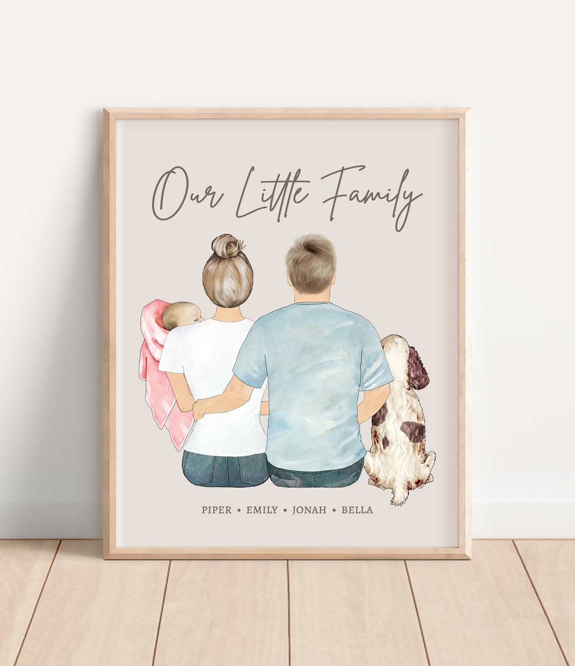 Custom New Parents Baby And Dog 'Our Little Family' Portrait Poster