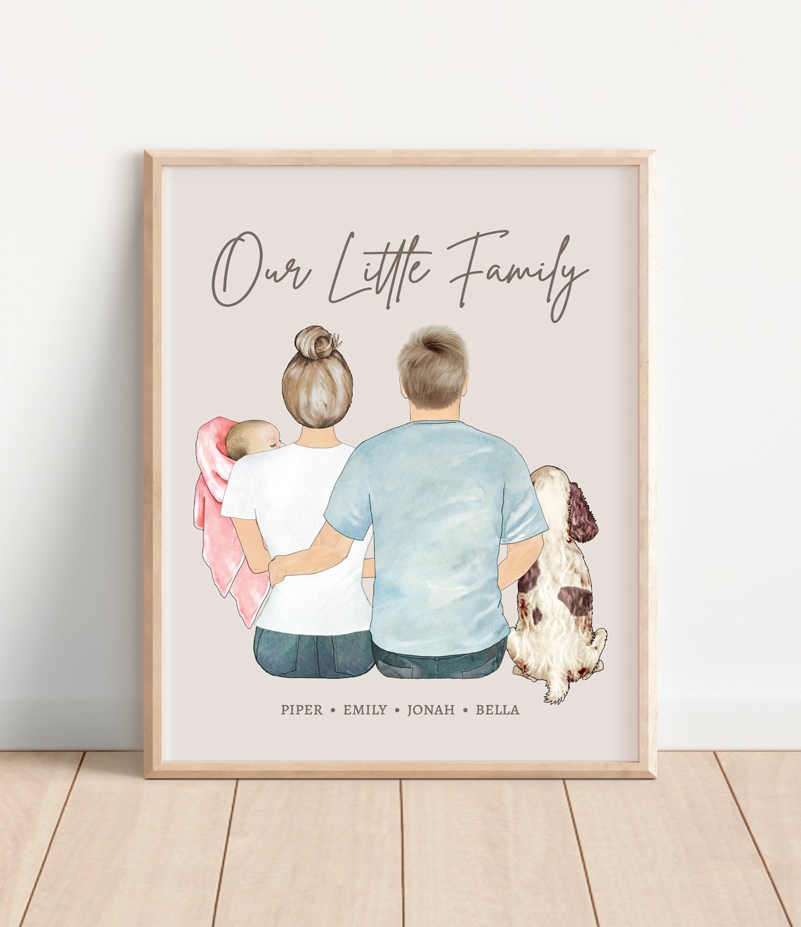 Our Little Family Custom Portrait With Baby and Spaniel Print