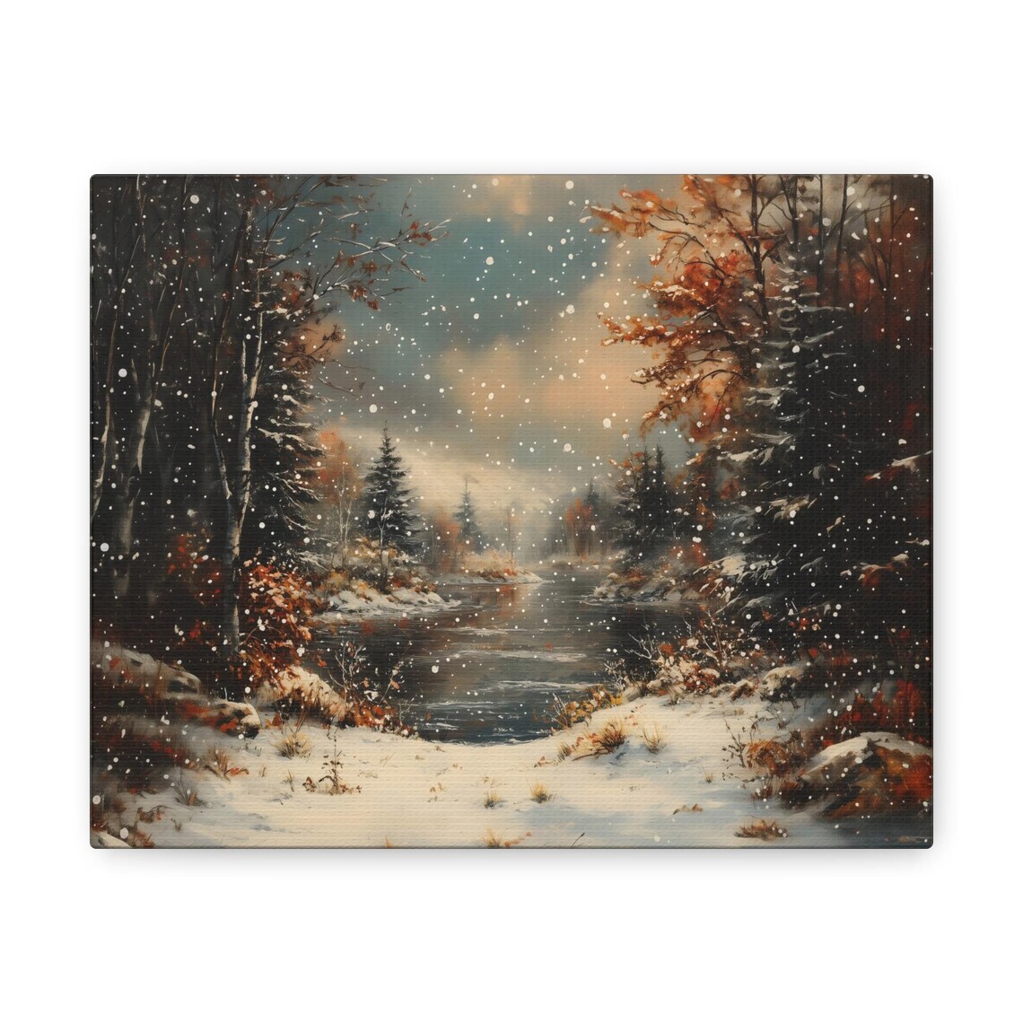 Autumn Snowfall Over Forest Stream With Orange Fall Trees Falling Snow Print - Image 3