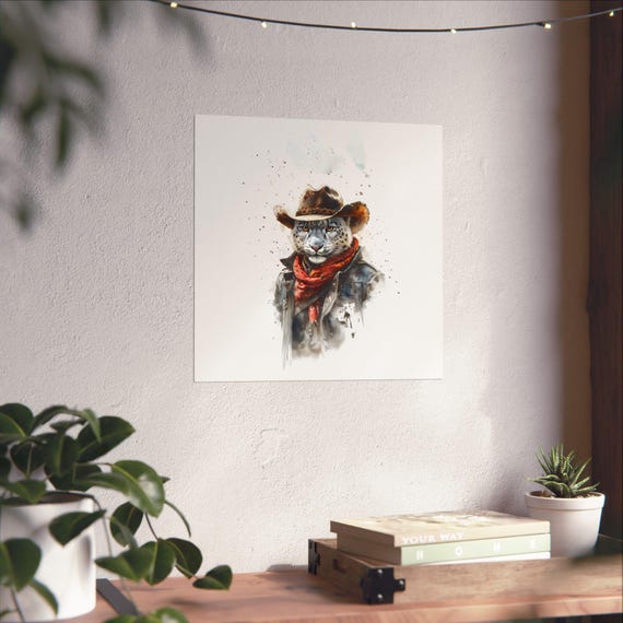Snow Leopard Cowboy Grit Maximalist Eclectic Western Poster Print Bold Altered Party Animal Portrait Fantasy Colorful Renaissance Rustic