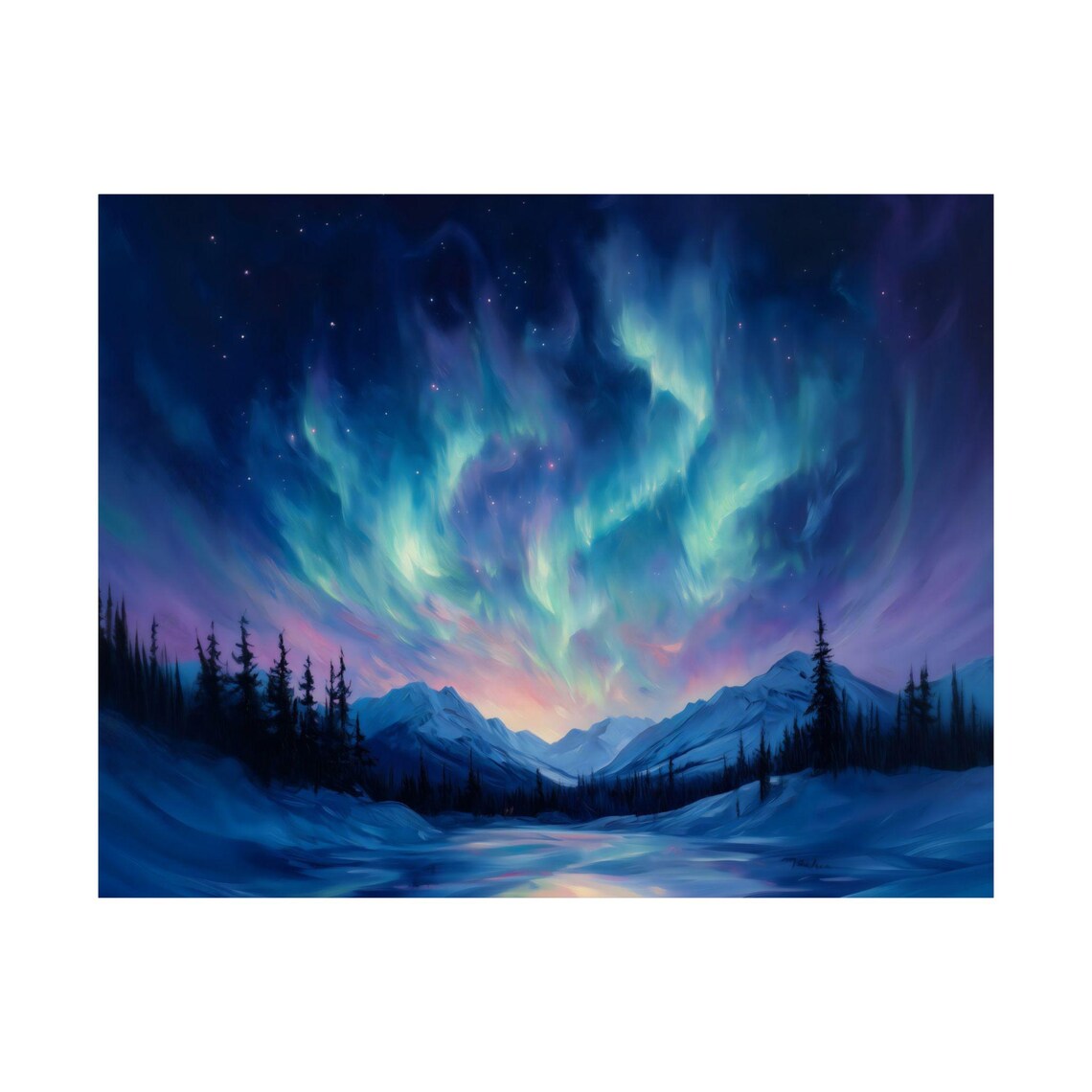 Green and Blue Northern Lights Over Snowy Mountain Lake Poster - Image 3