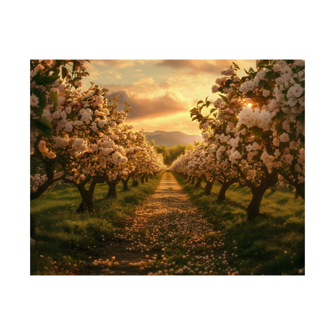 Sunset Glow Through Blooming Orchard Trees Country Path Poster - Image 3
