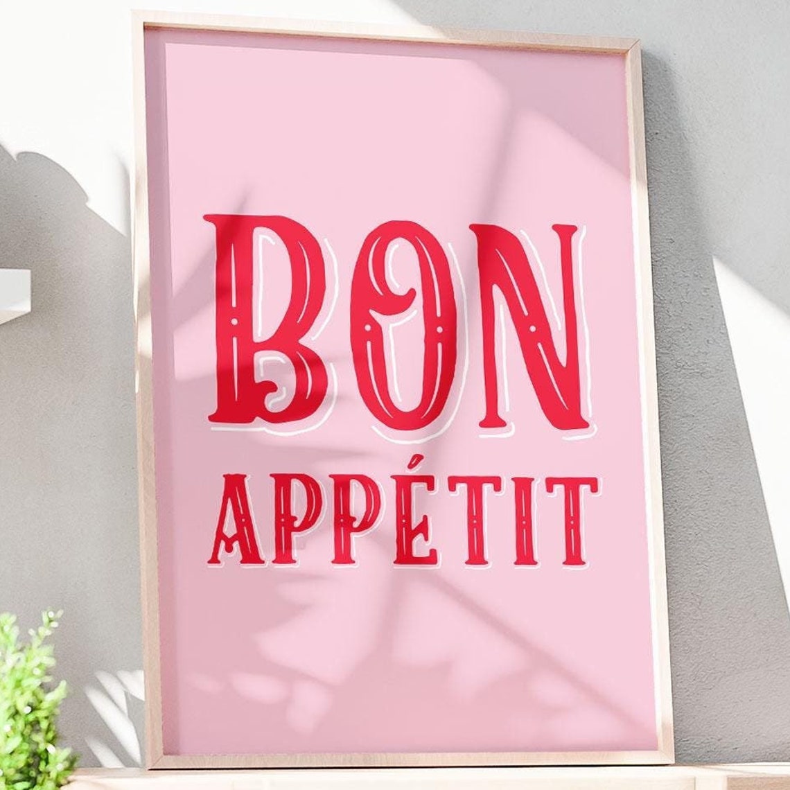 Bon Appetit Red Pink Retro Lettering Kitchen Fun Bistro Decor Poster