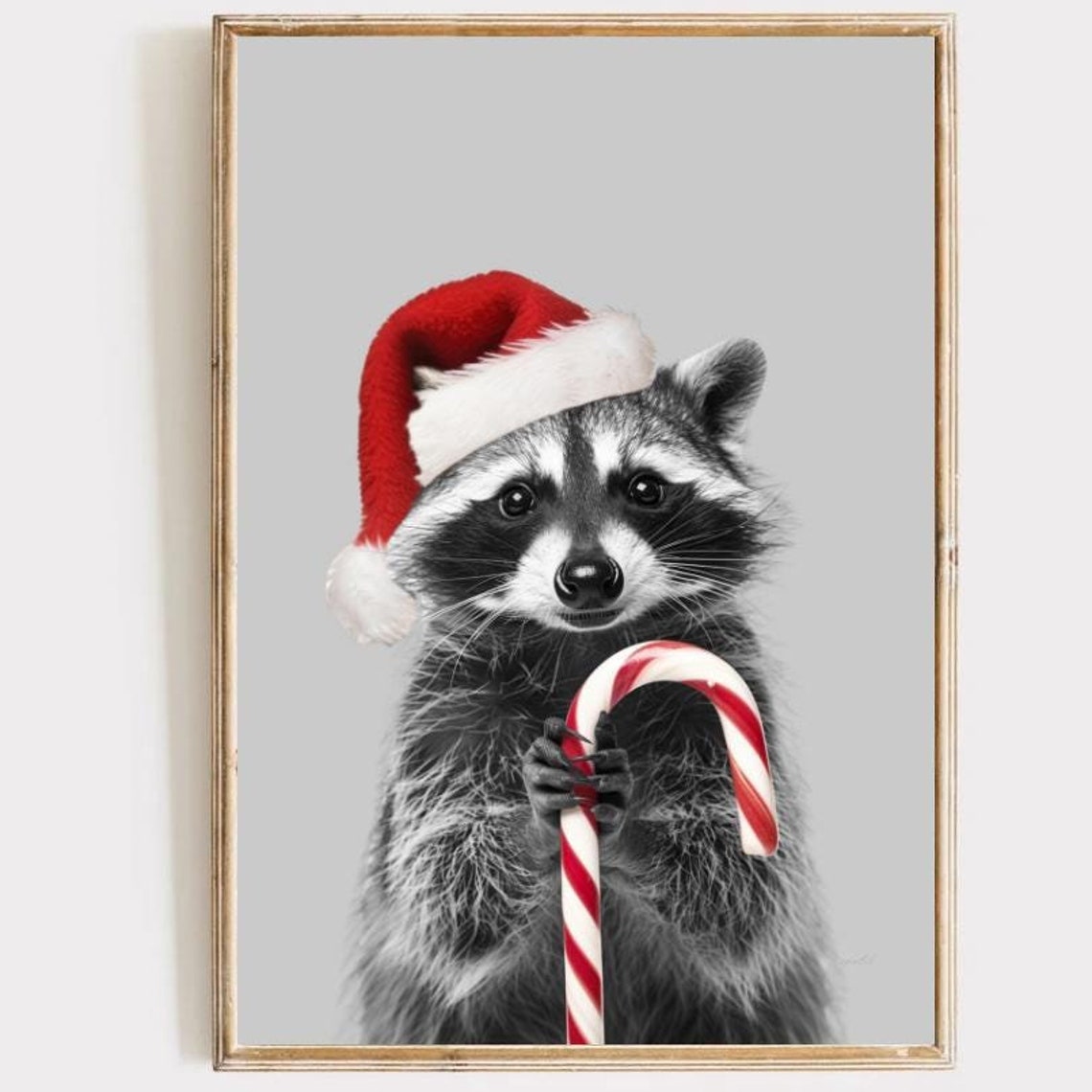 Raccoon In Santa Hat With Candy Cane Cute Christmas Nursery Wall Print